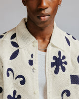 wax london men's Porto - Ecru And Navy Doodle Crochet Knitted Shirt