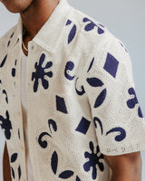 wax london men's Porto - Ecru And Navy Doodle Crochet Knitted Shirt