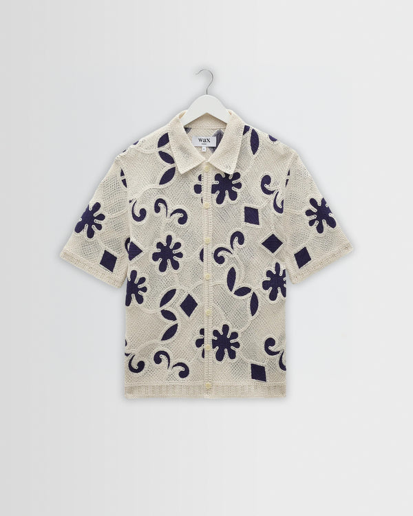wax london men's Porto - Ecru And Navy Doodle Crochet Knitted Shirt