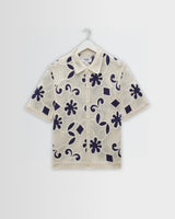 wax london men's Porto - Ecru And Navy Doodle Crochet Knitted Shirt