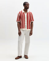 wax london men's Porto - Ecru And Orange Stripe Crochet Knitted Shirt