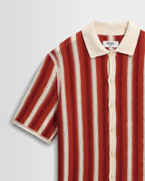 wax london men's Porto - Ecru And Orange Stripe Crochet Knitted Shirt