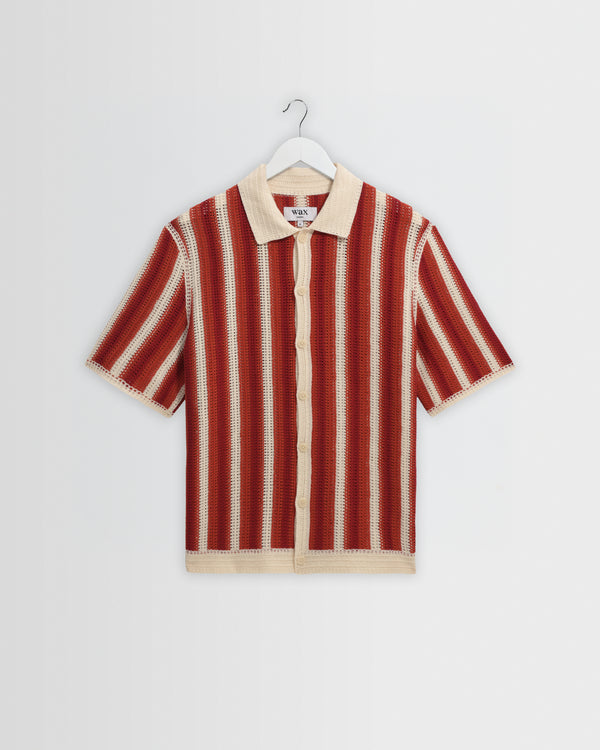 wax london men's Porto - Ecru And Orange Stripe Crochet Knitted Shirt