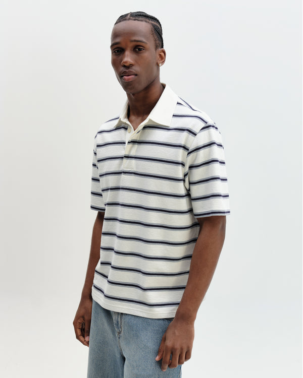 wax london men's Redman - Ecru Textured Stripe Organic Cotton Polo Shirt