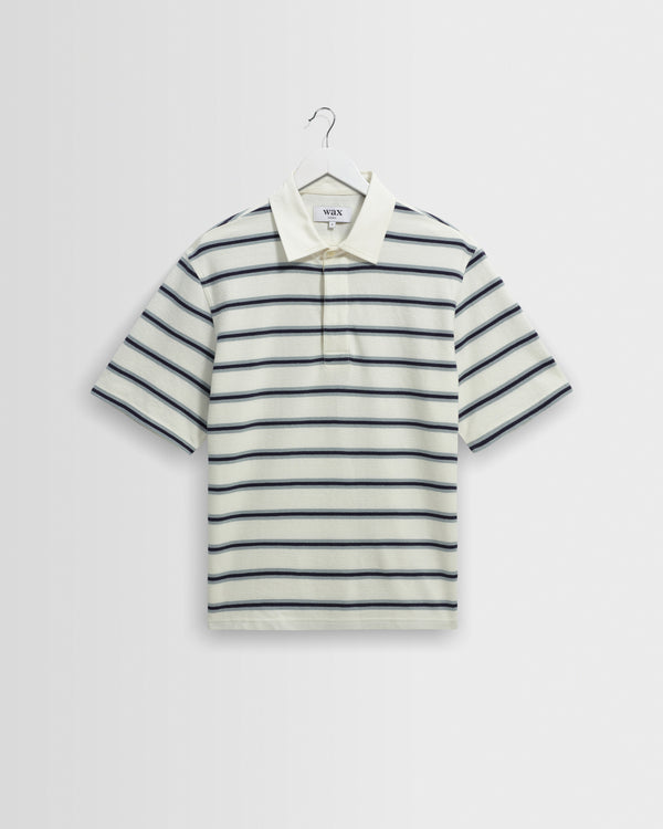 wax london men's Redman - Ecru Textured Stripe Organic Cotton Polo Shirt