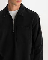 wax london men's Reeve - Washed Black Loopback Organic Cotton Collared Sweatshirt