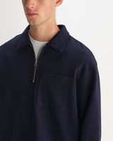wax london men's Reeve - Washed Navy Loopback Organic Cotton Collared Sweatshirt