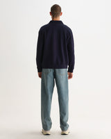 wax london men's Reeve - Washed Navy Loopback Organic Cotton Collared Sweatshirt