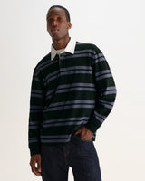 wax london men's Rowhill - Bottle Green And Blue Mirror Stripe Loopback Rugby Shirt
