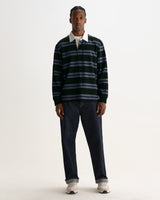 wax london men's Rowhill - Bottle Green And Blue Mirror Stripe Loopback Rugby Shirt