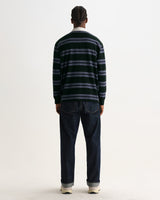 wax london men's Rowhill - Bottle Green And Blue Mirror Stripe Loopback Rugby Shirt