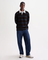 wax london men's Rowhill - Brown And Blue Mirror Stripe Loopback Rugby Shirt