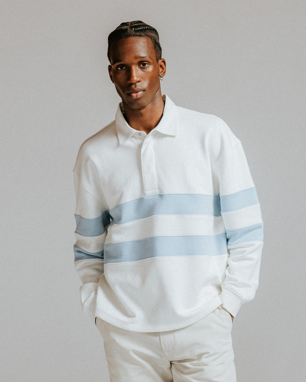 wax london men's Rowhill - Ecru And Light Blue Stripe Loopback Rugby Shirt