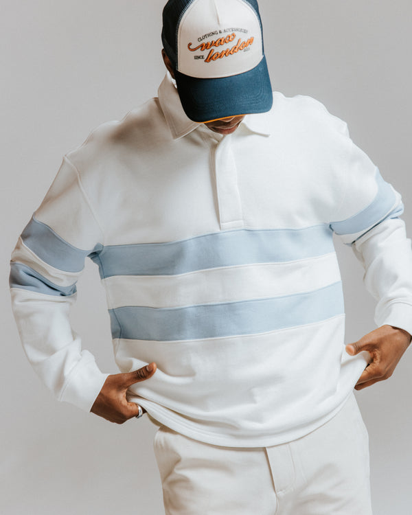 wax london men's Rowhill - Ecru And Light Blue Stripe Loopback Rugby Shirt