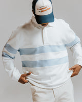 wax london men's Rowhill - Ecru And Light Blue Stripe Loopback Rugby Shirt