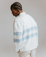 wax london men's Rowhill - Ecru And Light Blue Stripe Loopback Rugby Shirt