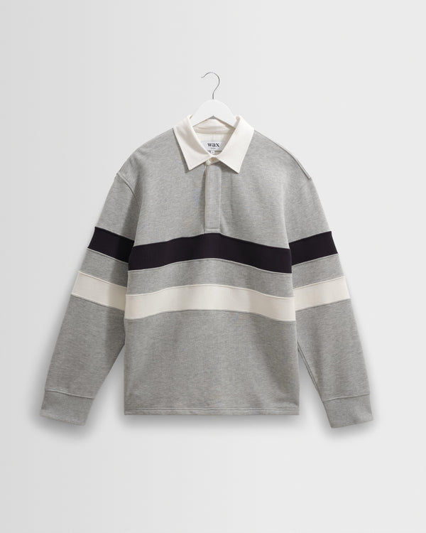 wax london men's Rowhill - Grey Marl Stripe Panelled Loopback Rugby Shirt