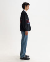 wax london men's Rowhill - Navy And Purple Stripe Loopback Rugby Shirt