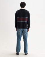 wax london men's Rowhill - Navy And Purple Stripe Loopback Rugby Shirt