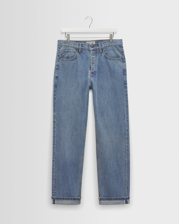 wax london men's Russell - Blue Wash Selvedge Straight Fit Denim Jeans