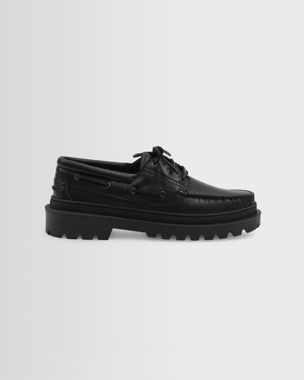 wax london men's S.T. Valentin - Black Italian Leather Chunky Sole Boat Shoes