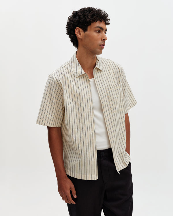 wax london men's Sears - Natural And Navy Stripe Seersucker Zip Short-Sleeve Shirt