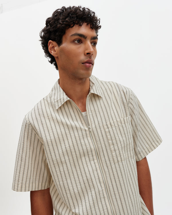 wax london men's Sears - Natural And Navy Stripe Seersucker Zip Short-Sleeve Shirt