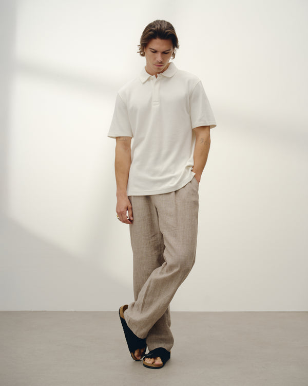 wax london men's Shore - Ecru Textured Organic Cotton Polo Shirt