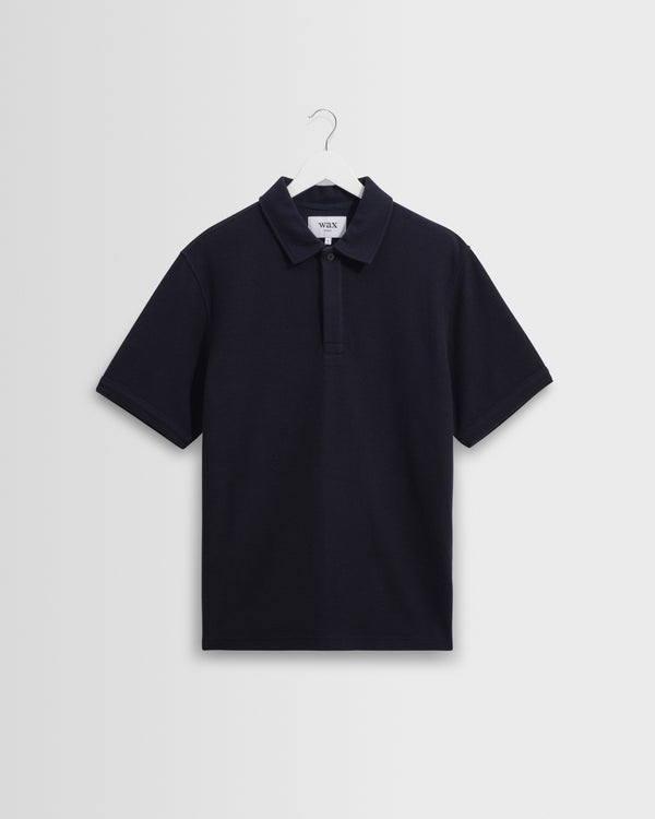 wax london men's Shore - Navy Textured Organic Cotton Polo Shirt