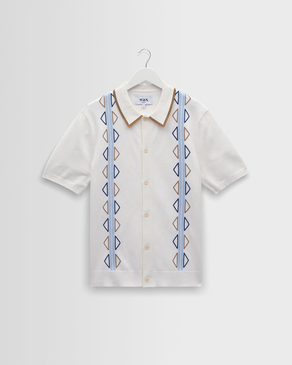 wax london men's Tellaro - Ecru And Blue Retro Embroidered Shirt