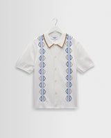 wax london men's Tellaro - Ecru And Blue Retro Embroidered Shirt