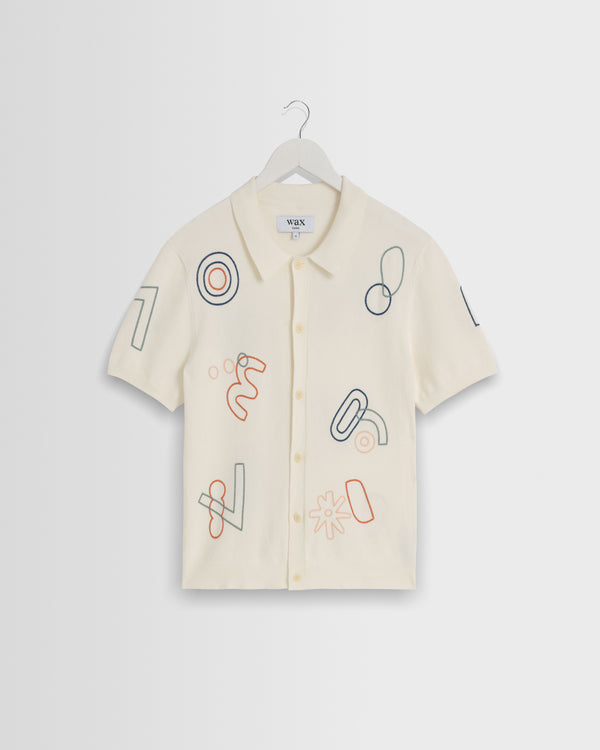 wax london men's Tellaro - Ecru And Multicolour Shapes Embroidered Shirt