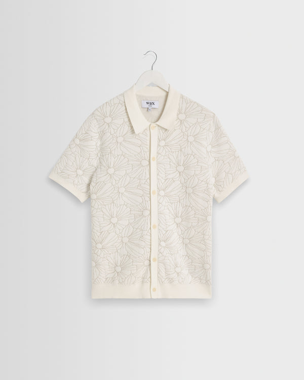 wax london men's Tellaro - Ecru Flower Jacquard Shirt