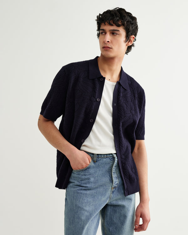 wax london men's Tellaro - Navy Flower Jacquard Shirt