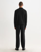 wax london men's Tristan - Black And Charcoal Rib Check Long-Sleeve Knitted Polo
