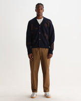 wax london men's Walker - Navy And Brown Felted Applique Knit Cardigan
