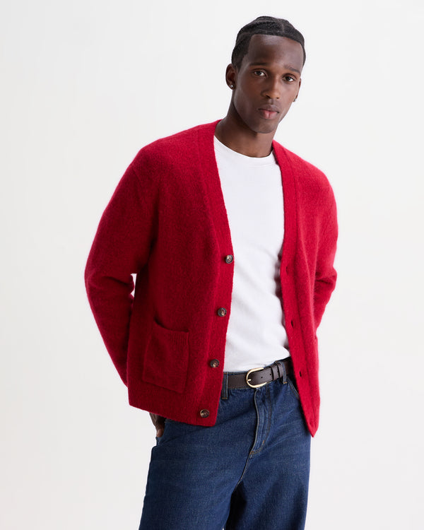 wax london men's Walker - Red Fluffy Wool Knit Cardigan