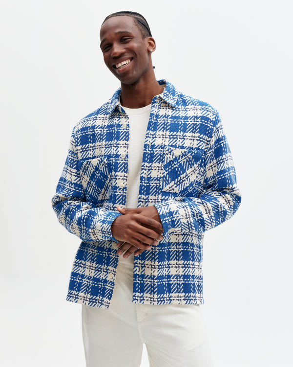 wax london men's Whiting - Blue And Ecru Oran Check Overshirt