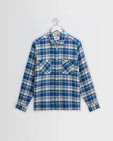 wax london men's Whiting - Blue And Ecru Oran Check Overshirt