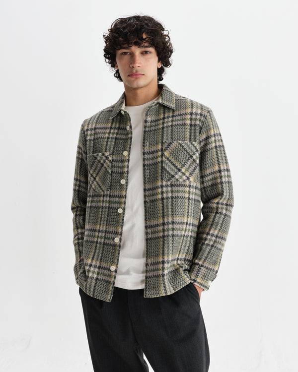wax london men's Whiting - Green Wool Check Overshirt