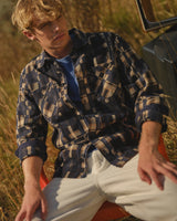 wax london men's Whiting - Natural And Navy Glitch Check Overshirt