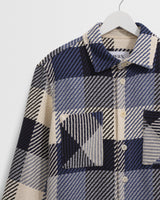 wax london men's Whiting - Navy And Ecru Block Check Overshirt