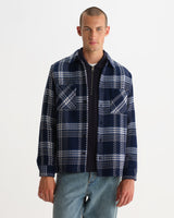wax london men's Whiting - Navy And Ecru Plaid Weave Check Overshirt