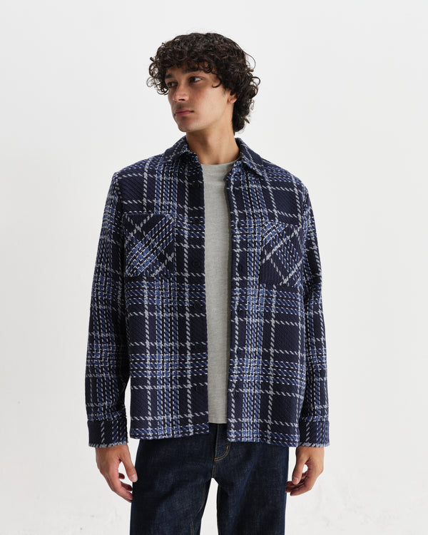 wax london men's Whiting - Navy And Grey Wave Check Overshirt