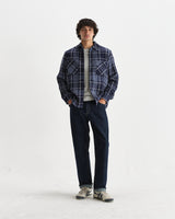 wax london men's Whiting - Navy And Grey Wave Check Overshirt