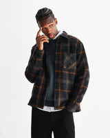 wax london men's Whiting - Teal And Orange Drawn Check Wool Overshirt